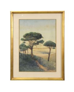 Gouache paysage aux pins parasol signé G. Barbichon école française 1900