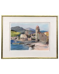 Peinture aquarelle port de marine signature illisible Louis Lasponyauzi 