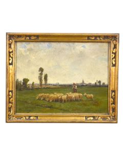 Peinture à l'huile scène pastorale par Théodore Jourdan 