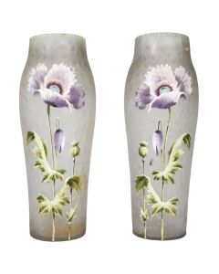 Vase verre dépoli émaillé époque 1900 aux anémones