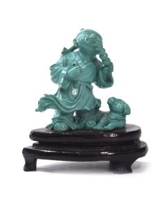 Statuette ancienne chinoise en turquoise sculpté homme et chien