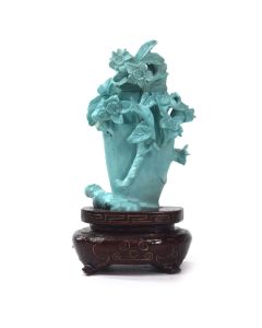 Statuette ancienne chinoise en turquoise sculpté vase aux fleurs