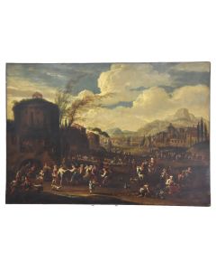 Grande huile sur toile scène de genre école italienne XVIIIème rentoilé