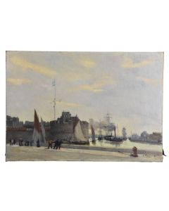 Huile sur toile par Albert François Fleury, vue du port du Havre 