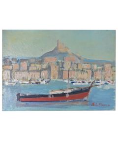 Barque dans le Vieux Port de Marseille par N. R. Paquet daté 1990