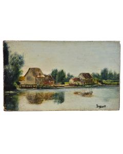 "Le village au bord de lac" école Française par Charles Bousquet