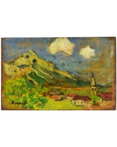 "Vue de village montagnard et son clocher" école Française Charles Bousquet 