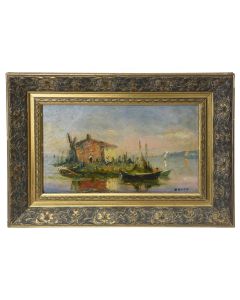 Scène de Port peinture à l'huile sur toile signée Olive 