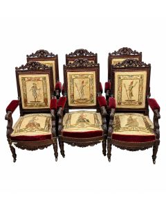 Egyptomania série de 6 Fauteuils en acajou Napoléon III tapisserie à décor de dieux égyptiens