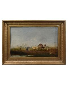 "Cultivateurs au labour" huile sur panneau orientaliste d'Étienne Billet (1821-1888)