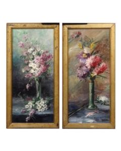 Bouquets de fleurs huile sur toile Rose Martin (paire)