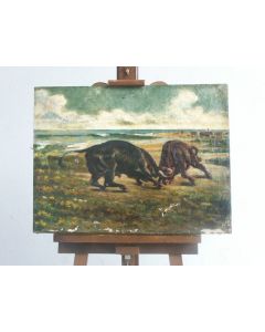 Huile sur toile non signée paysage avec combat de taureaux