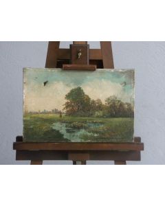 Huile sur toile non signée paysage vaste avec petit étang