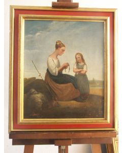 Huile sur toile non signée bergère et fillette XIXème