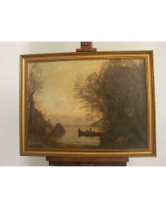 Huile sur toile non signée représentant un paysage lacustre