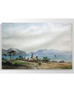 Dessin aquarelle italienne d'époque fin XIXème lac de Toblino