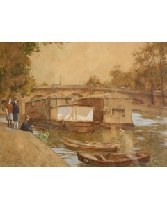 Dessin aquarelle bord de Seine Paris 1900