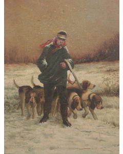 Huile sur toile non signée paysage alpin représentant un homme et ses chiens