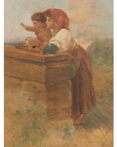 Huile sur toile non signée paysage femme pied nu et enfant
