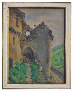 Dessin aquarelle "Fortification en ruine" signé Baldoccni datée de 1927
