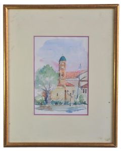 Dessin aquarelle Église signée Ronvoyes daté 1940