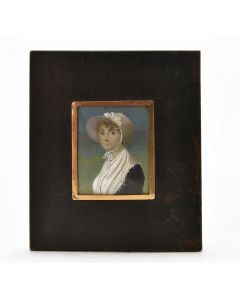 Miniature peinte médaillon cadre en bois portrait femme 