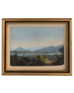 Gouache suisse ou italienne, paysage des alpes époque XIXème