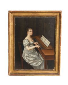 Jeune musicienne au clavicorde peinture à l'huile sur panneau d'époque Empire à restaurer