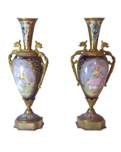 Vases anciens en porcelaine bleu Sèvres XIXème (paire)