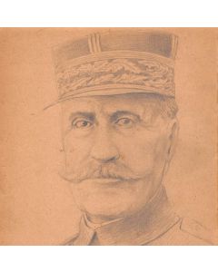Dessin original portrait du Maréchal Foch au crayon sur papier début XXème 