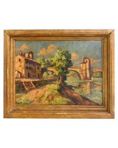 Vue de paysage probablement le pont d'Avignon huile sur isorel signée 