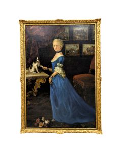 Portrait de femme en pied avec son carlin d'époque XVIIIème