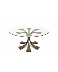 Guéridon verre pieds métal martelé patiné