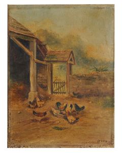 Peinture pastorale aux poules école Française XIXème signée Otto