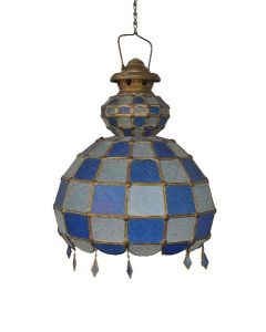 Lustre 1900 facette verre blanc et bleu diamètre 43 cm