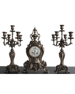 Pendule Garniture Rocaille en bronze argenté style Louis XV