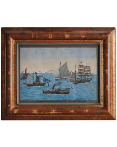 Gouache de marine navires vapeur et voile époque début XXème