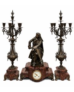 Balthazard Paris Garniture de chemin&eacute;e de style Louis XVI bronze et marbre griotte XIX&egrave;me