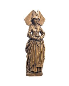 Statuette en plâtre 1900 d'une femme au hennin ou cornette faux bois chêne
