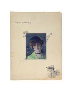 Portrait d'élégante à la gouache de la belle époque daté 1916