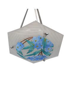 Lustre vasque en verre dégradé à l'acide et émaillé aux myosotis 1930