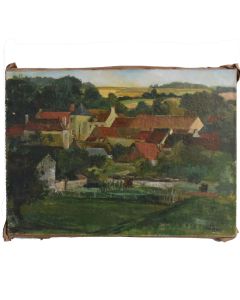 Paysage de village par R. Lobstein daté 1949