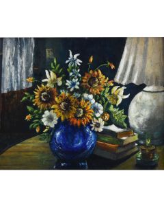 Nature morte huile sur toile aux tournesols dans un très beau cadre doré