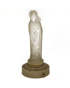 Pierre D'avesn, petite lampe figurant vierge à l'enfant en verre pressée moulé monté sur socle pyramidale, hauteur 23 cm