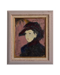 Huile sur toile portrait femme coiffe violette signé Hrasarkos 