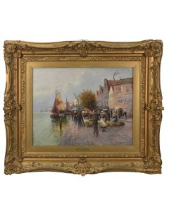 Paysage Port Hollandais huile sur toile par H. Detjens