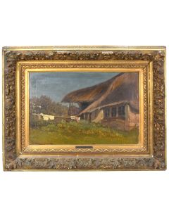 Huile sur Toile paysage aux maisons de chaume par Th Gérard 