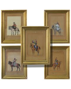 Série de 5 aquarelles militaires de cavaliers fin XIXème début XXème