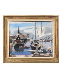 Peinture huile sur toile marine au port XXème