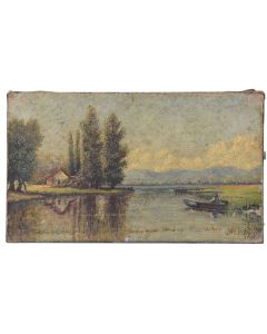 Peinture huile sur toile scène lacustre maison au bord de l'eau XIXème